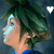 Pixelated anime-style character with green hair and blue shirt, profile view facing left, six heart symbols in different colors above the head.