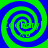 Four green and blue spiral patterns arranged in a on a solid background, each with distinct swirling lines forming circular shapes