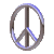 Animated sequence showing a peace symbol icon transitioning through four distinct states with blue and brown color variations.