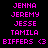 Pixelated text in bright pink on black background, arranged in two with five each