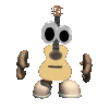 Animated sequence of a guitar-shaped character with large black eyes, brown hands, and beige feet in various poses against a gray background.