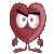 Red heart-shaped character with arms and legs displays multiple facial expressions including wide eyes, narrowed eyes, and clenched teeth across a of views
