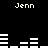 Black background with white pixelated text 'Jenn' and horizontal bar patterns in a static layout.