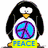 A penguin with a peace symbol, red heart labeled LOVE, and yellow smiley face labeled HAPPINESS.