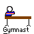 Pixelated gymnast figure in blue-red-white uniform performing on brown horizontal bar with white head, gray background.