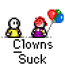 A 4x3 contact sheet of a pixel art animated icon featuring two stick figures and text bubbles, with the phrase "Clowns Suck" repeated below each frame.