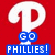 Red background with large white 'P' logo, blue text blocks reading 'GO PHILLIES!' and 'UTLEY 4 MVP', pixelated style.