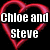 Four red heart outlines on black background with white pixelated text reading "Chloe and meant to be Steve they even have WACKY BEARS! <3".