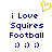 A static pixel art image with blue text reading 'i Love Squires Football' and three smiley faces, topped by a yellow heart symbol.