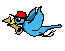 Blue bird-like character with red cap and yellow beak holds brown object while flying through gray background in pixelated animation.