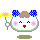 Pixelated character with blue checkered bows, brown hair tuft, pink cheeks, red mouth holding yellow flower; two expressions shown.