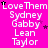 A bright pink background displays repeated white text reading "LoveThem Sydney Gabby Lean Taylor" with scattered small purple and black stars.
