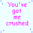 A static image with repeated text "You've got me crushed" in pink pixelated font on a light blue background with scattered small blue dots.