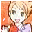 Pixelated anime-style character with light brown hair and large dark eyes, wearing a red top with white collar, against orange background with small white heart symbol.
