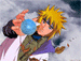 Anime character with spiky yellow hair holds a blue sphere, wearing layered clothing against a cloudy background.