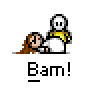 Animated contact sheet showing 12 sequential frames of a pixel art buddy icon with two characters and "Bam!" text, depicting an action sequence from standing to impact effects.