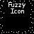 Black background with white pixelated text "Fuzzy Icon" repeated four times in a , surrounded by scattered white dots resembling stars or noise