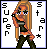 Pixel art buddy icon of a cartoon woman with long blonde hair, orange skin tones, and dark clothing standing against a white background with partial text on both sides.