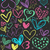 A dense pattern of colorful heart shapes in various styles and colors on a dark background.