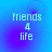 Pixelated text 'friends 4 life' on a blue-purple gradient background with subtle circular patterns.