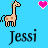 Pixel art of animal and heart icons above repeated 'Jessi' text on blue background