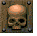 Pixelated skull icon on rusted metal plate with four bolts, showing two states: front-facing and side view.