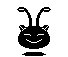 Four pixel-art icons of a black insectoid character with white eyes and smile, two with flat bases and two with rounded bases, arranged in a on gray background