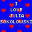 Blue background with red pixel hearts and repeated white text reading 'I LOVE JULIA' and 'SOKOLOWSKI'.