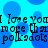 Blue polka-dot background with repeated text 'I love you more than polka dots' in black pixelated font.