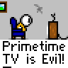 Animated contact sheet of a pixel art buddy icon showing a blue armchair, brown fireplace, and speech bubbles with text like "Prime time TV is Evil!" and "HOLY RAP!" across multiple frames.