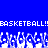 Blue background with white pixelated text reading BASKETBALL! BASKETBALL! above a of white pixelated basketballs