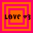 Four square display pixelated text 'LOVE ♡3' over layered orange and pink concentric squares with varying border thicknesses