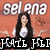 Pixelated image of a person with long dark hair wearing a white top, set against an orange background with text elements above and below.