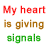 A contact sheet of six animated traffic light frames with heart-shaped signals and text reading "My heart is giving signals" and "2U" in red, brown, and green pixelated fonts.