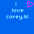 Blue background with light blue text reading 'i love corey.w.' and a pink pixelated heart symbol above the text on the left side.