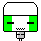 Pixel art contact sheet showing two frames of a green and white cartoon character with black facial features, one frame featuring a pink plus sign in the top-right corner.