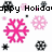 Pixelated graphic with 'Happy Holidays' text and multiple snowflake icons in pink, black, and white colors.