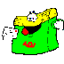 Green cartoon character with yellow hair, red mouth, and white hands holding a white dog-like figure, wearing a red symbol on chest.