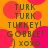Pixelated orange background with pink circles and green text reading TURK, TURK, TURKEY!, GOBBLE!, :) xoxo repeated twice in a