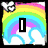 Pixelated rainbow with white cloud and black vertical bar over white background, featuring rainbow colors and cloud shapes.