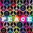 Pixelated grid of multicolored squares with a central horizontal band displaying the word "PEACE" in white block letters on colored backgrounds.