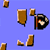 Pixelated brown bullet-shaped objects and a black-and-white circular object on solid blue background.