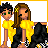Pixel art animation of two figures in yellow tops and black bottoms, transitioning from standing to embracing with text below.