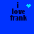 Blue background with black text 'i love frank' and four distinct pixelated animations: a heart, starburst, circle of dots, and static text.