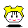 Pixel art character with yellow hair in twin buns, white face, black eyes, pink cheeks, red smile; four views show head turning left to right.