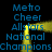 Blue text reading "Metro Cheer Allstars National Champions" repeats in a pattern with yellow curved lines on black background