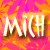 Pixelated static icon with bold white text "MICH" on a vibrant pink and orange gradient background.
