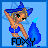 Pixel art character with blue witch hat and bikini, holding blue flame, standing on 'FOXY' text, blue background.