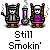 Animated contact sheet of a pixel art character smoking with changing smoke and test tube colors across 7 frames.