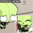 A static image of a green cartoon character with large white eyes and black pupils, shown in two side-by-side panels against a light gray background.